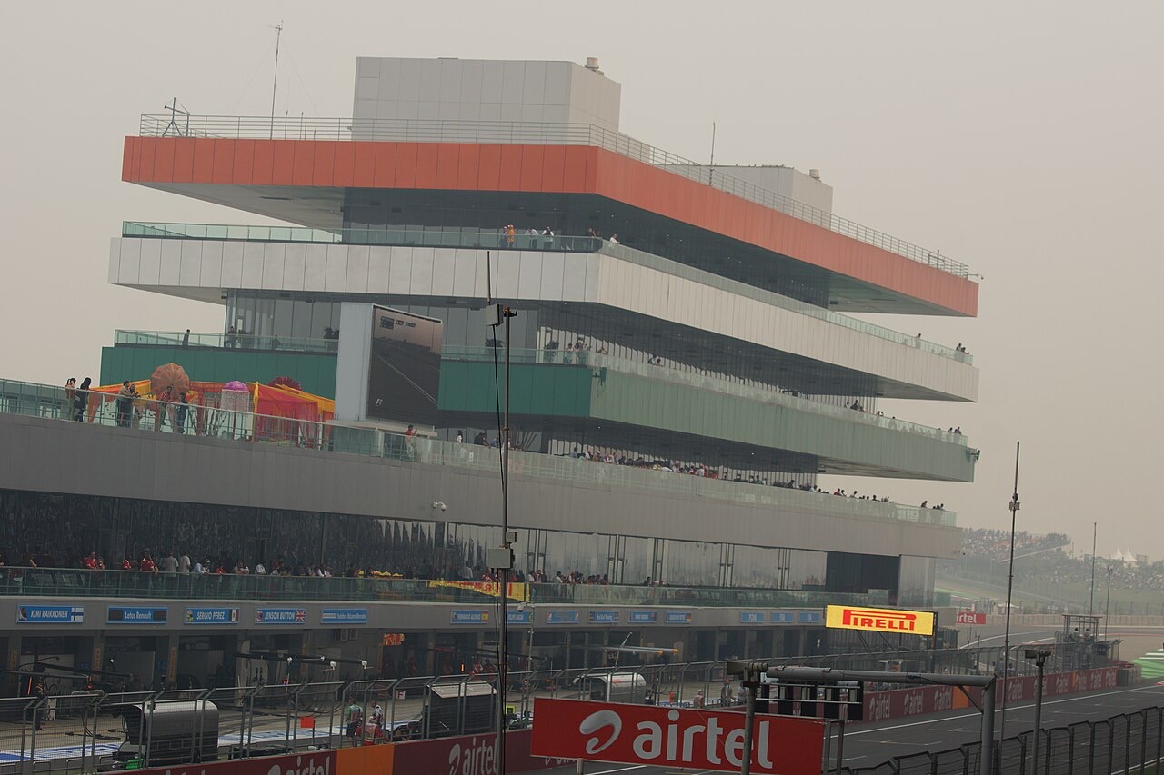 The multi-storey Paddock Club building beside the main straight at the Buddh International Circuit