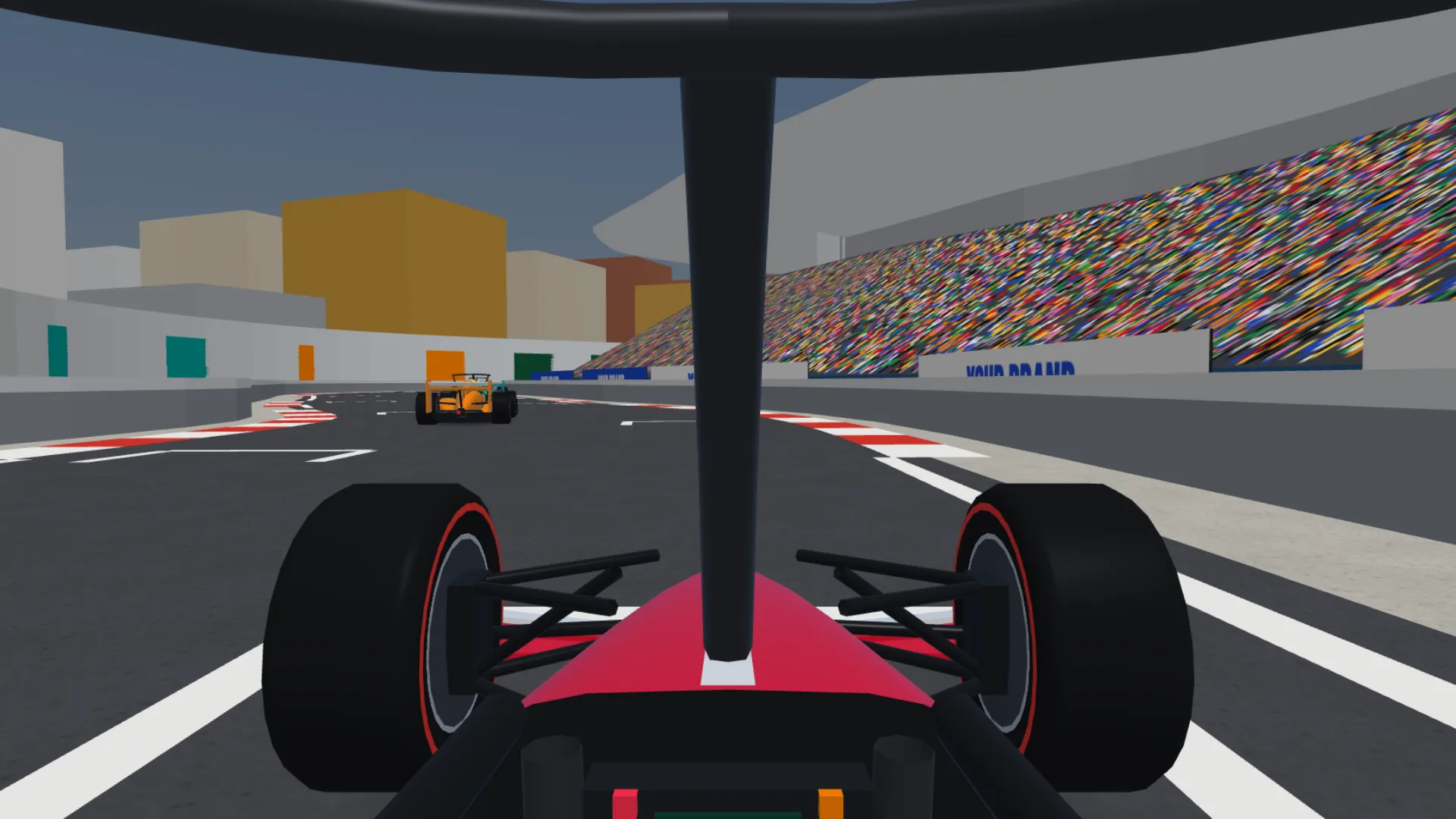The view from the driver's seat down a street circuit, with a grandstand and branded boards ahead