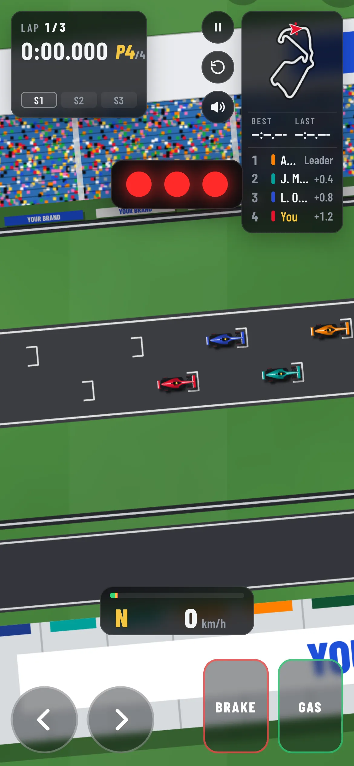 Late Brake on a phone: four cars on the grid at the start lights, with branded boards and touch controls