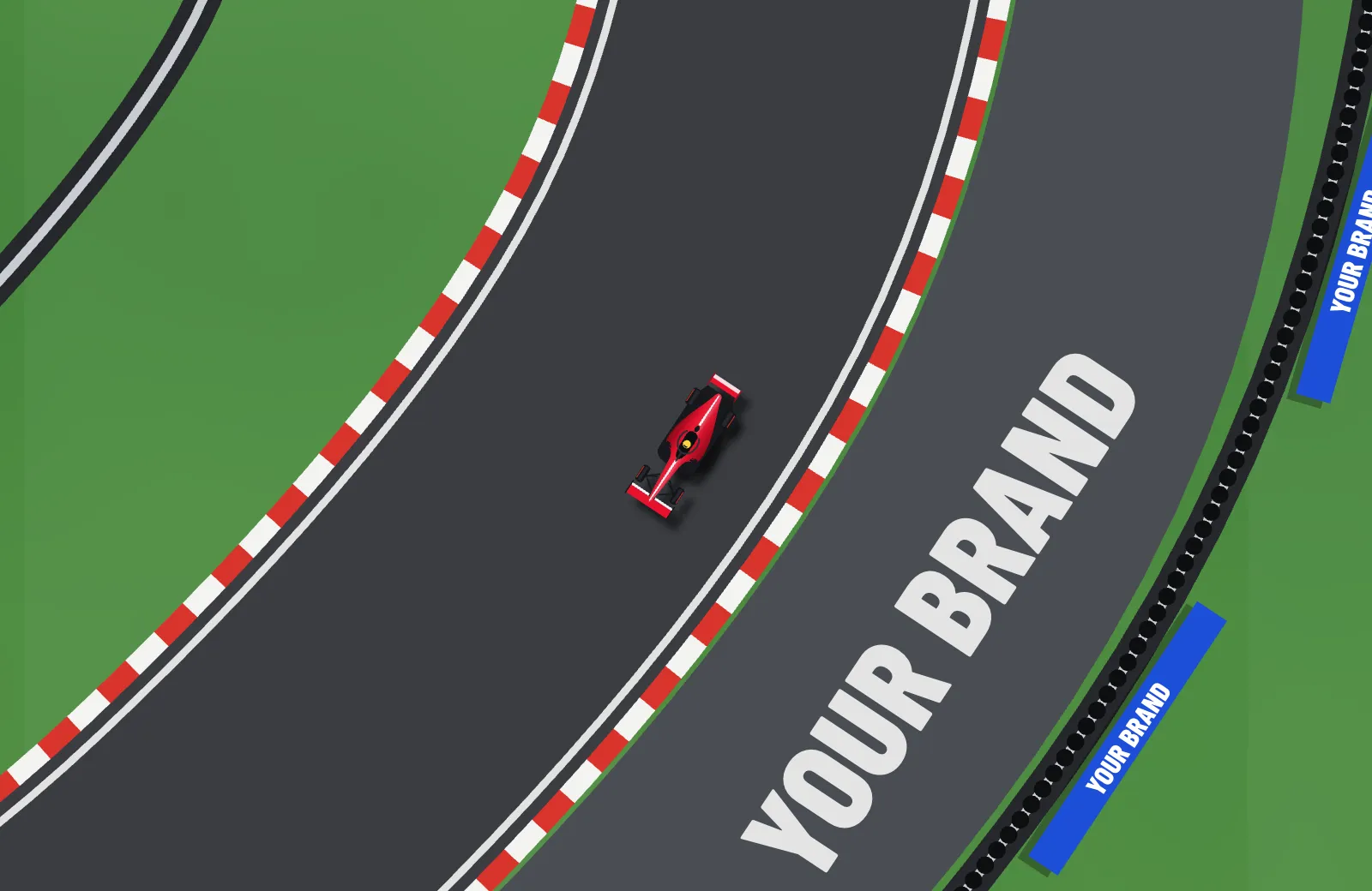 A car taking a corner past a huge brand logo painted on the tarmac runoff